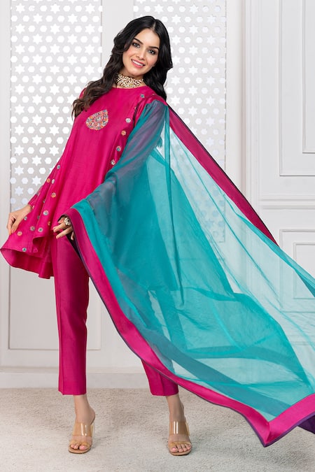 Shop The Aarya Pink Chanderi, Viscose Embroidery Round Neck Hand High-low Anarkali Set Online at Aza Fashions Shop_The Aarya_Pink Chanderi, Viscose Embroidery Round Neck Hand High-low Anarkali Set _Online_at_Aza_Fashions