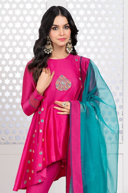 The Aarya Pink Chanderi, Viscose Embroidery Round Neck Hand High-low Anarkali Set at Aza Fashions The Aarya_Pink Chanderi, Viscose Embroidery Round Neck Hand High-low Anarkali Set _at_Aza_Fashions