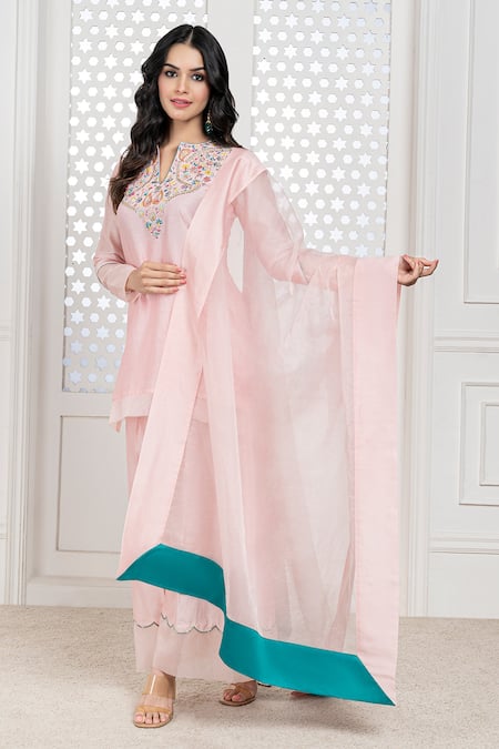 The Aarya_Peach Chanderi, Viscose Sequins, Embroidery Split V-neck Short Kurta Palazzo Set _Online_at_Aza_Fashions