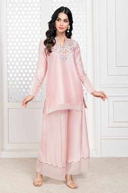 Buy_The Aarya_Peach Chanderi, Viscose Sequins, Embroidery Split V-neck Short Kurta Palazzo Set _Online_at_Aza_Fashions