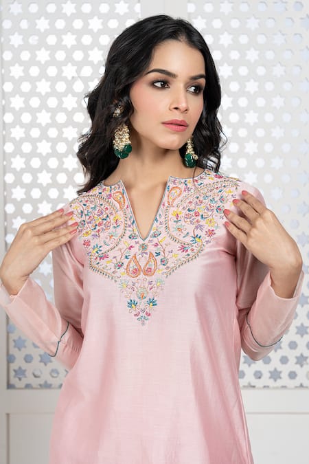 Shop_The Aarya_Peach Chanderi, Viscose Sequins, Embroidery Split V-neck Short Kurta Palazzo Set _Online_at_Aza_Fashions