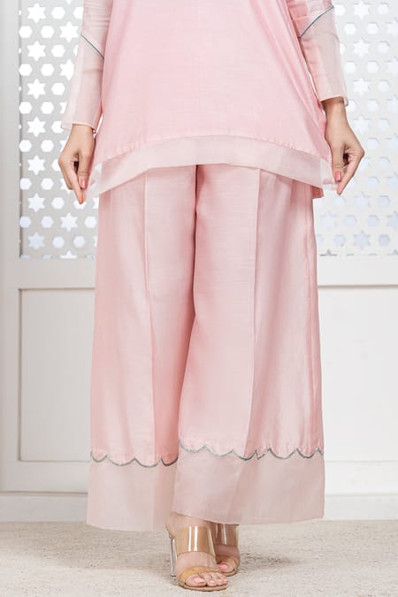 The Aarya_Peach Chanderi, Viscose Sequins, Embroidery Split V-neck Short Kurta Palazzo Set _at_Aza_Fashions