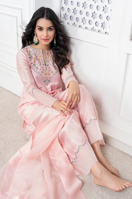 Buy_The Aarya_Peach Chanderi, Viscose Sequins, Embroidery Split V-neck Short Kurta Palazzo Set 