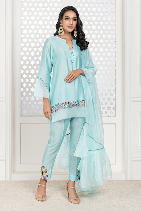 Buy Blue Pure Handwoven Chanderi Hand Hem Short Kurta Pant Set For Women by  The Aarya Online at Aza Fashions.