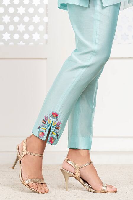 Shop_The Aarya_Blue Chanderi, Viscose Beads, Embroidery Split V-neck Hem Short Kurta Pant Set _Online_at_Aza_Fashions