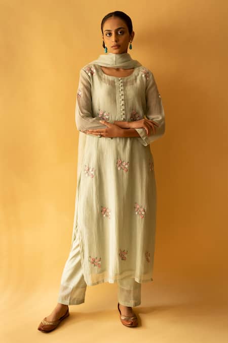 Apeksha Jain Label Green Kurta Cotton Chanderi Embroidered Floral Resham Pant Set 