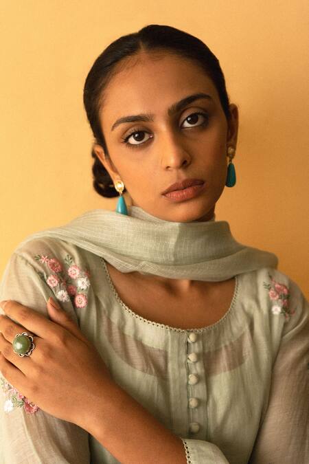 Shop_Apeksha Jain Label_Green Kurta Cotton Chanderi Embroidered Floral Round Resham Pant Set _Online_at_Aza_Fashions