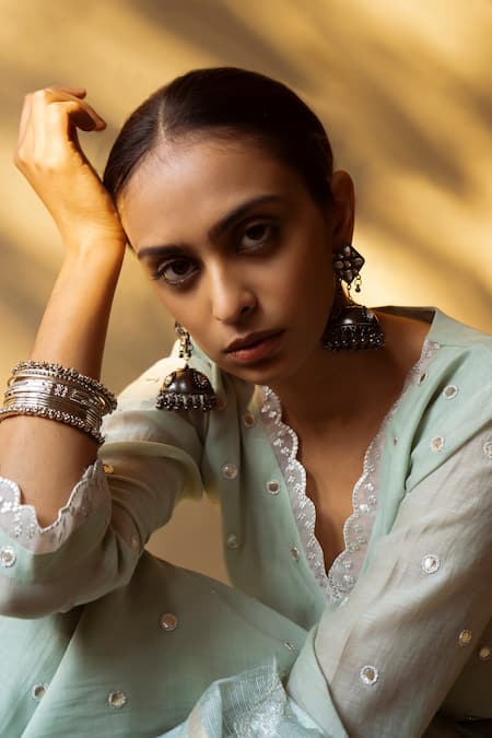 Shop_Apeksha Jain Label_Green Kurta Cotton Chanderi Embroidered Gota V Neck Coin Pant Set _Online_at_Aza_Fashions