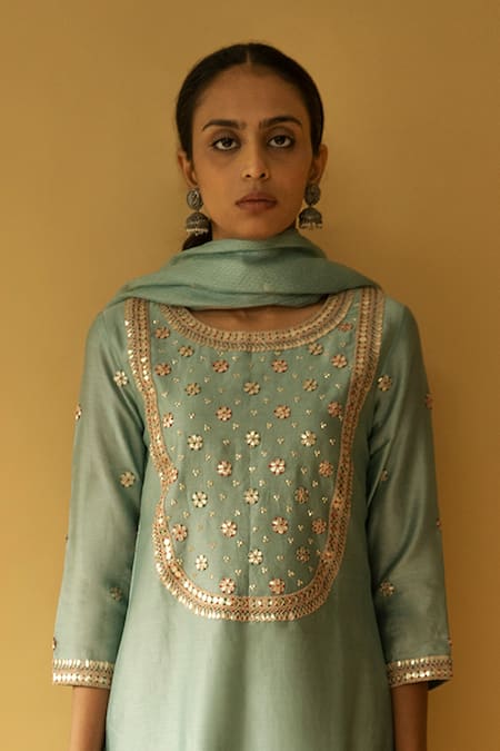 Buy_Apeksha Jain Label_Green Kurta Chanderi Embroidered Floral Round Gota Patti Pant Set _Online_at_Aza_Fashions