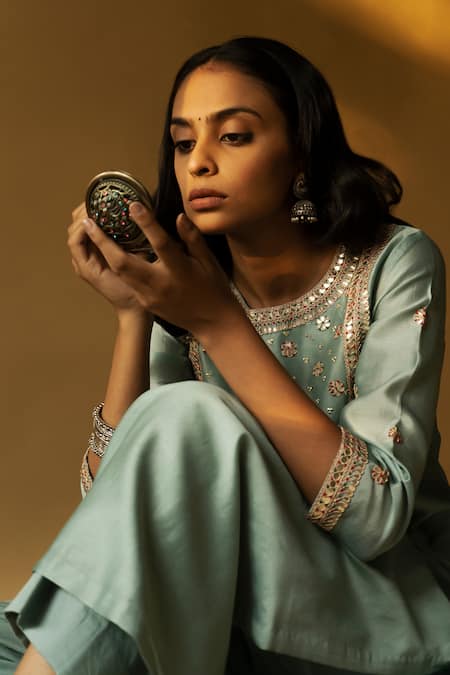 Shop_Apeksha Jain Label_Green Kurta Chanderi Embroidered Floral Round Gota Patti Pant Set _Online_at_Aza_Fashions