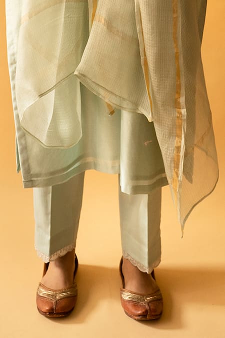 Shop_Apeksha Jain Label_Green Kurta Chanderi Embroidered Kasab V Neck Aari Pant Set _Online_at_Aza_Fashions