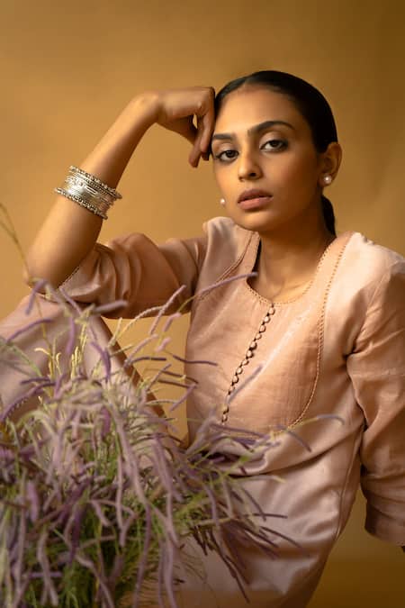 Apeksha Jain Label_Pink Kurta Chanderi Embroidered Round Yoke Pant Set _Online_at_Aza_Fashions