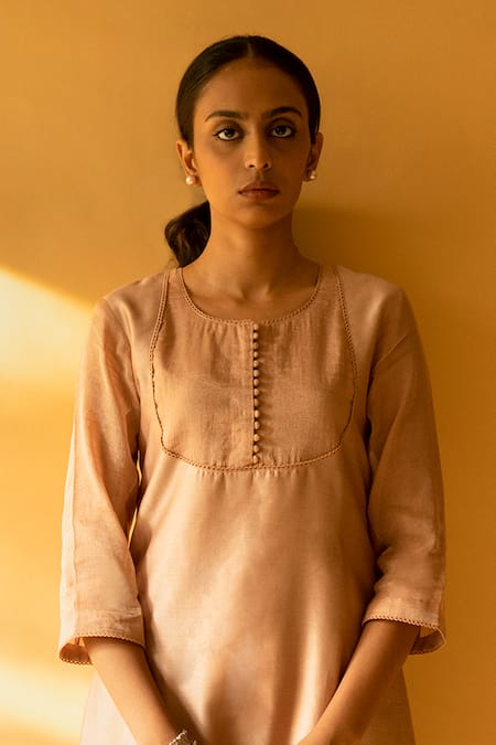 Buy_Apeksha Jain Label_Pink Kurta Chanderi Embroidered Round Yoke Pant Set _Online_at_Aza_Fashions