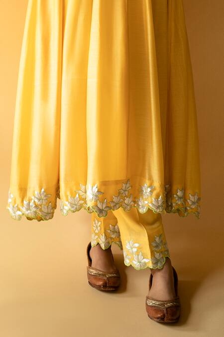 Shop_Apeksha Jain Label_Yellow Kurta Cotton Silk Embroidered Floral V Neck Kalidar Pant Set _Online_at_Aza_Fashions