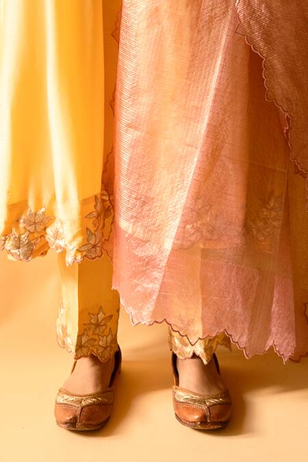 Buy_Apeksha Jain Label_Yellow Kurta Cotton Silk Embroidered Floral V Neck Kalabattu Kalidar Pant Set _Online_at_Aza_Fashions