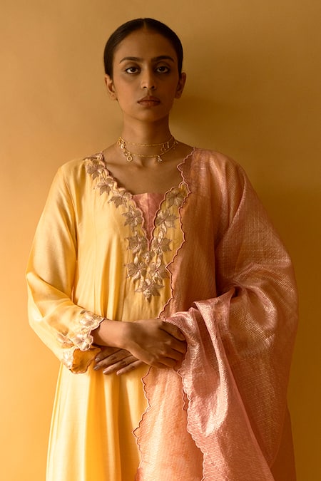 Shop_Apeksha Jain Label_Yellow Kurta Cotton Silk Embroidered Floral V Neck Kalabattu Kalidar Pant Set _Online_at_Aza_Fashions