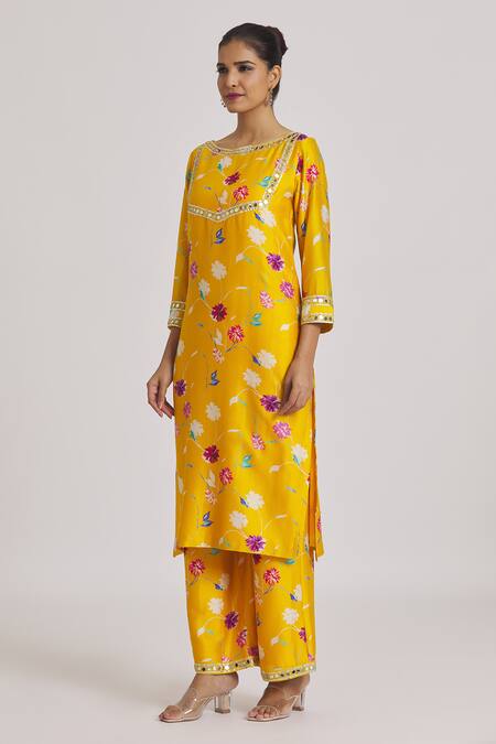 Buy_Kaia_Yellow Chanderi, Organza Embroidery, Lace Round Floral Print Kurta Palazzo Set_Online_at_Aza_Fashions