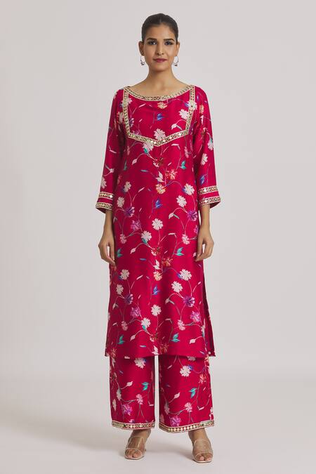 Kaia_Red Chanderi, Organza, Linen Lace, Floral Print Kurta Set With Dupatta_Online_at_Aza_Fashions