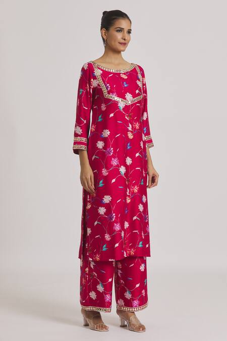 Buy_Kaia_Red Chanderi, Organza, Linen Lace, Floral Print Kurta Set With Dupatta_Online_at_Aza_Fashions