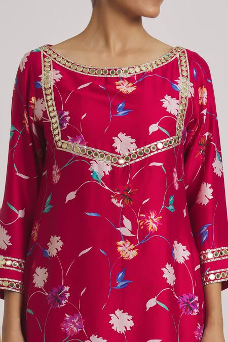 Shop_Kaia_Red Chanderi, Organza, Linen Lace, Floral Print Kurta Set With Dupatta_Online_at_Aza_Fashions