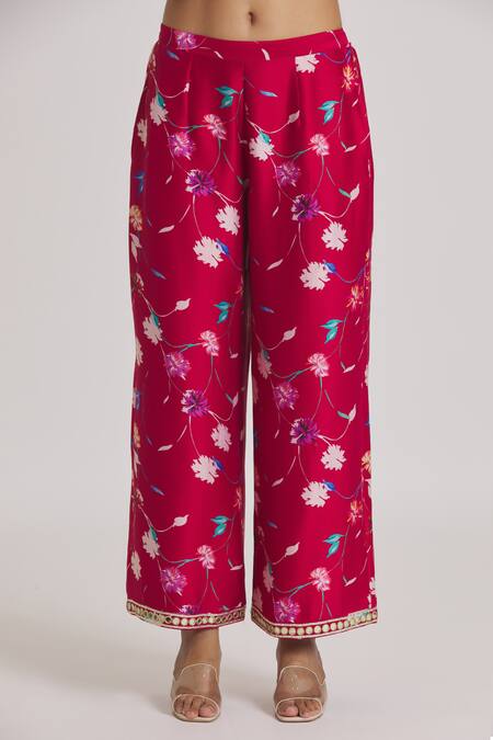 Kaia_Red Chanderi, Organza, Linen Lace, Floral Print Kurta Set With Dupatta_at_Aza_Fashions