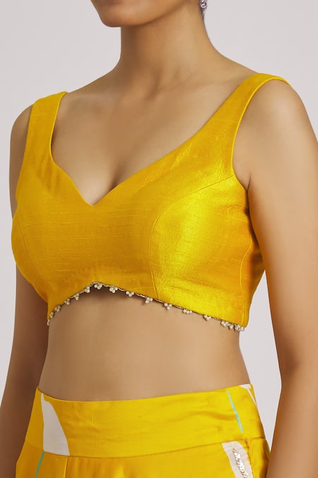 Buy_Kaia_Yellow Chanderi, Linen, Organza Embroidery V-neck Floral Print Lehenga Set_Online_at_Aza_Fashions