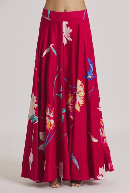 Kaia_Red Chanderi, Organza, Linen Embroidery, Sequins Floral Print Flared Lehenga Set_Online_at_Aza_Fashions