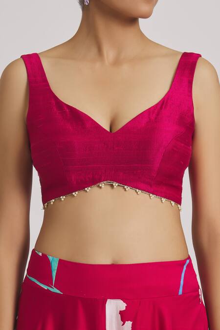 Buy_Kaia_Red Chanderi, Organza, Linen Embroidery, Sequins Floral Print Flared Lehenga Set_Online_at_Aza_Fashions