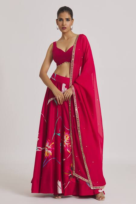 Shop_Kaia_Red Chanderi, Organza, Linen Embroidery, Sequins Floral Print Flared Lehenga Set_Online_at_Aza_Fashions