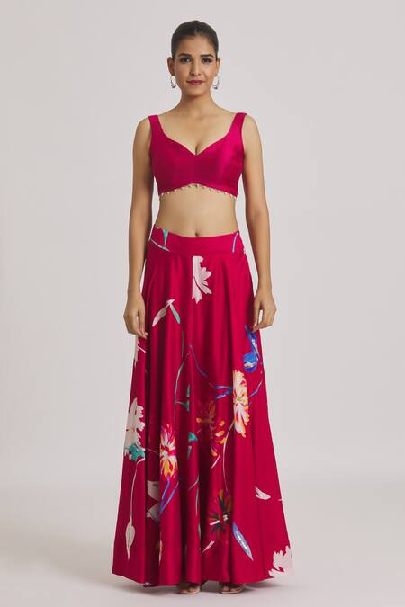 Kaia_Red Chanderi, Organza, Linen Embroidery, Sequins Floral Print Flared Lehenga Set_at_Aza_Fashions