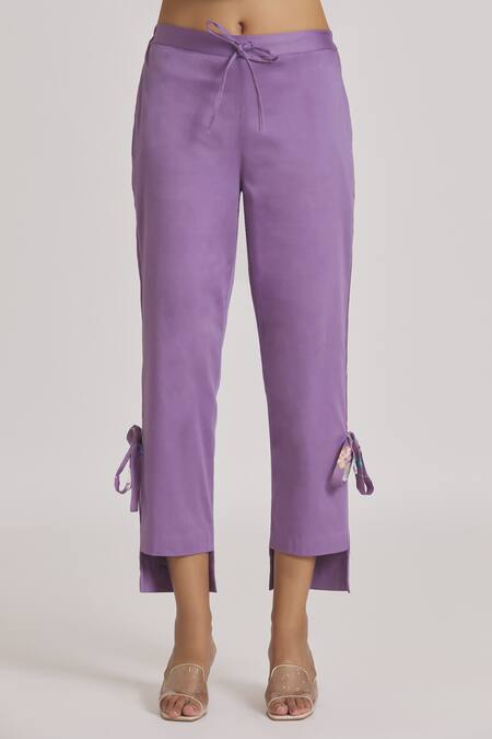 Buy_Kaia_Purple Chanderi, Organza Embroidery V-neck Floral Print Kurta High Low Pant Set_Online_at_Aza_Fashions