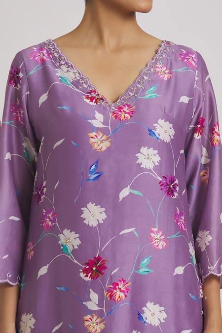 Shop_Kaia_Purple Chanderi, Organza Embroidery V-neck Floral Print Kurta High Low Pant Set_Online_at_Aza_Fashions