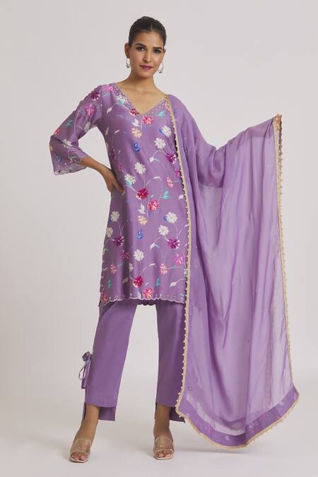 Kaia_Purple Chanderi, Organza Embroidery V-neck Floral Print Kurta High Low Pant Set_at_Aza_Fashions