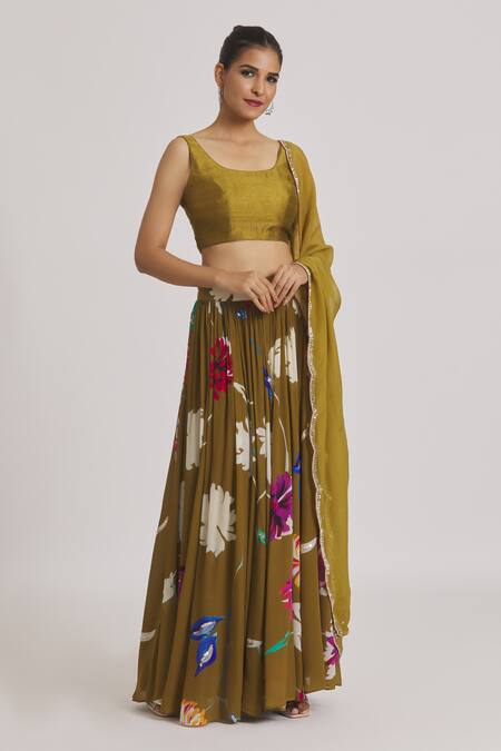 Shop Kaia Green Organza, Crepe, Linen Embroidery Round Floral Print Gathered Lehenga Set Online at Aza Fashions Shop_Kaia_Green Organza, Crepe, Linen Embroidery Round Floral Print Gathered Lehenga Set_Online_at_Aza_Fashions