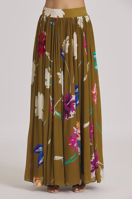 Kaia Green Organza, Crepe, Linen Embroidery Round Floral Print Gathered Lehenga Set at Aza Fashions Kaia_Green Organza, Crepe, Linen Embroidery Round Floral Print Gathered Lehenga Set_at_Aza_Fashions