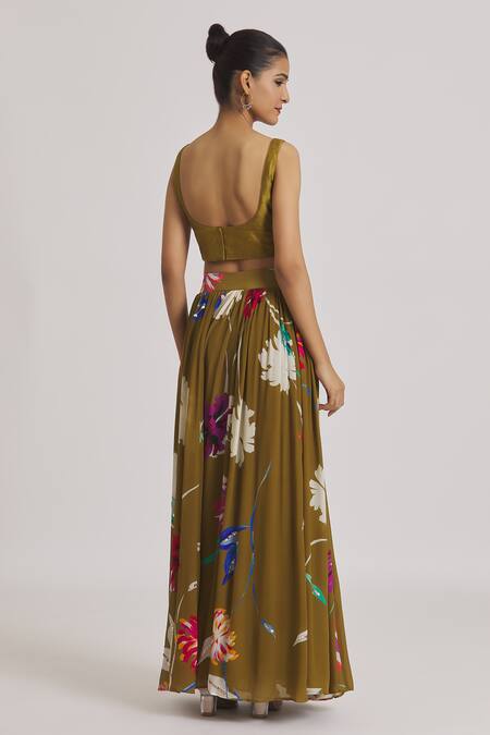 Shop Kaia Green Organza, Crepe, Linen Embroidery Round Floral Print Gathered Lehenga Set at Aza Fashions Shop_Kaia_Green Organza, Crepe, Linen Embroidery Round Floral Print Gathered Lehenga Set_at_Aza_Fashions