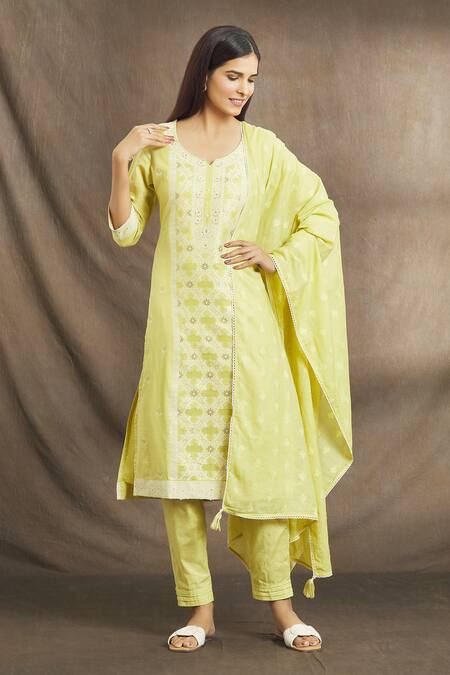 Buy Yellow Cotton Embroidered Floral Notched Zari Kurta Set For Women ...