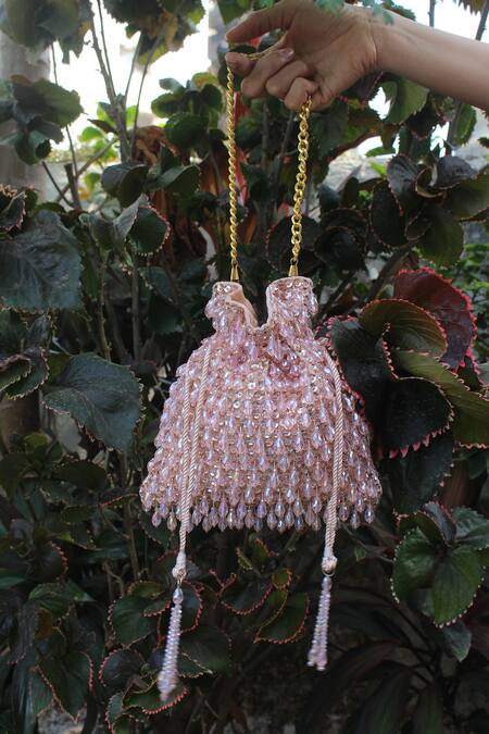 Nayaab By Sonia_Pink Beads, Sequins, Tassels Pristine Rosette Embellished Potli_Online_at_Aza_Fashions