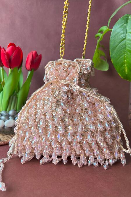Shop_Nayaab By Sonia_Pink Beads, Sequins, Tassels Pristine Rosette Embellished Potli_Online_at_Aza_Fashions