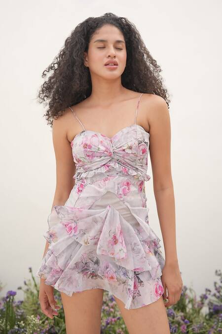 Buy Amrta By Guneet Kondal Pink Polyester, Viscose Sweetheart Neck Floral Print Short Ruffle Dress Online at Aza Fashions Buy_Amrta By Guneet Kondal_Pink Polyester, Viscose Sweetheart Neck Floral Print Short Ruffle Dress _Online_at_Aza_Fashions