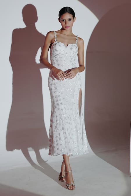 Amrta By Guneet Kondal White Viscose Sequins Sweetheart Neck Starry Embellished Slit Maxi Dress 
