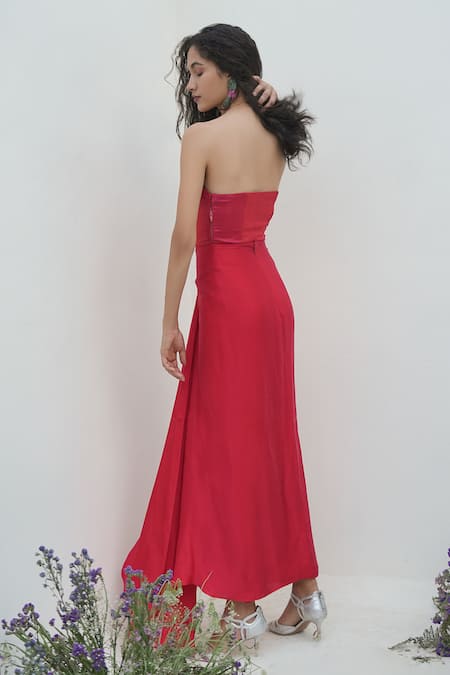 Shop Amrta By Guneet Kondal Red Lurex, Satin, Viscose Glitter Bandeau Neck Corset Bustier With Draped Skirt at Aza Fashions Shop_Amrta By Guneet Kondal_Red Lurex, Satin, Viscose Glitter Bandeau Neck Corset Bustier With Draped Skirt _at_Aza_Fashions