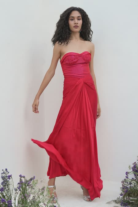 Buy Amrta By Guneet Kondal Red Lurex, Satin, Viscose Glitter Bandeau Neck Corset Bustier With Draped Skirt Online at Aza Fashions Buy_Amrta By Guneet Kondal_Red Lurex, Satin, Viscose Glitter Bandeau Neck Corset Bustier With Draped Skirt _Online_at_Aza_Fashions