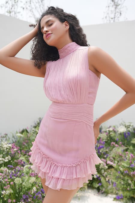 Shop_Amrta By Guneet Kondal_Pink Chiffon, Viscose Halter Neck Solid Hand-ruched Short Dress _Online_at_Aza_Fashions
