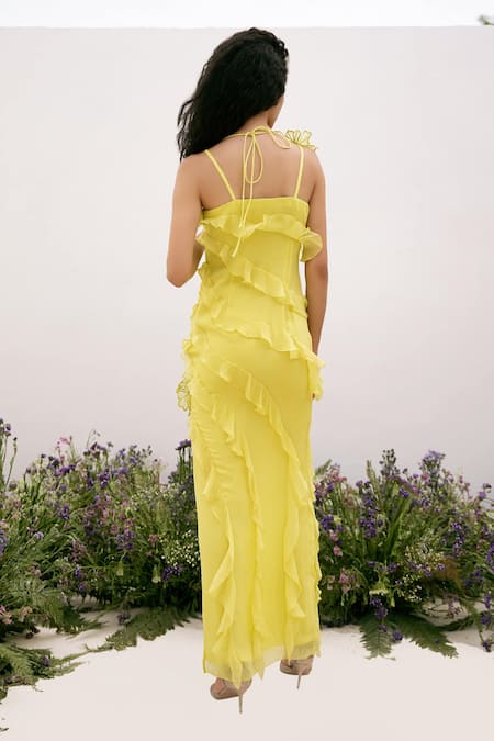 Amrta By Guneet Kondal_Yellow Georgette, Viscose Fabric Flowers Strap Embroidered Ruffled Maxi Dress _Online_at_Aza_Fashions