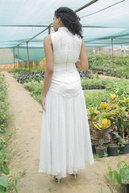 Shop_Amrta By Guneet Kondal_White Viscose Turtle Neck Peru Breeze Flared Midi Dress_at_Aza_Fashions