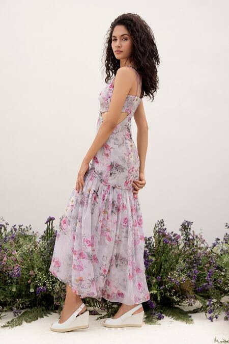 Shop Amrta By Guneet Kondal Wine Polyester Round Neck Hand Pleated Floral Maxi Dress Online at Aza Fashions Shop_Amrta By Guneet Kondal_Wine Polyester Round Neck Hand Pleated Floral Maxi Dress _Online_at_Aza_Fashions