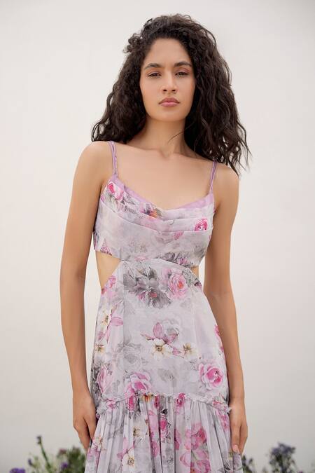 Amrta By Guneet Kondal Wine Polyester Round Neck Hand Pleated Floral Maxi Dress at Aza Fashions Amrta By Guneet Kondal_Wine Polyester Round Neck Hand Pleated Floral Maxi Dress _at_Aza_Fashions