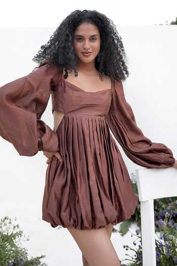 Buy Brown Cotton, Silk, Viscose Sweetheart Neck Balloon Sleeve Dress For  Women by Amrta By Guneet Kondal Online at Aza Fashions.