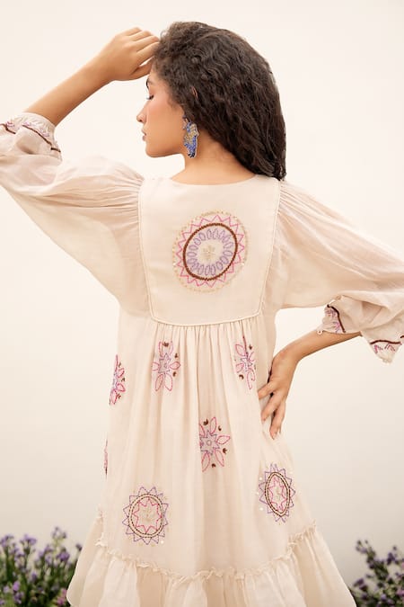 Buy Ecru Mandarin Neck Embroidered Dress Online - W for Woman